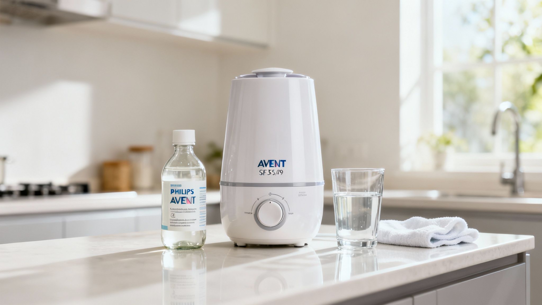 O persoană curăță cu grijă interiorul unui încălzitor de biberoane Philips AVENT SCF355/09 cu o cârpă moale