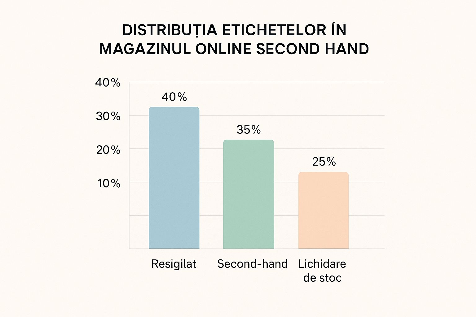 Infografic despre distribuția etichetelor într-un magazin online second hand: Resigilat 40%, Second-hand 35%, Lichidare de stoc 25%