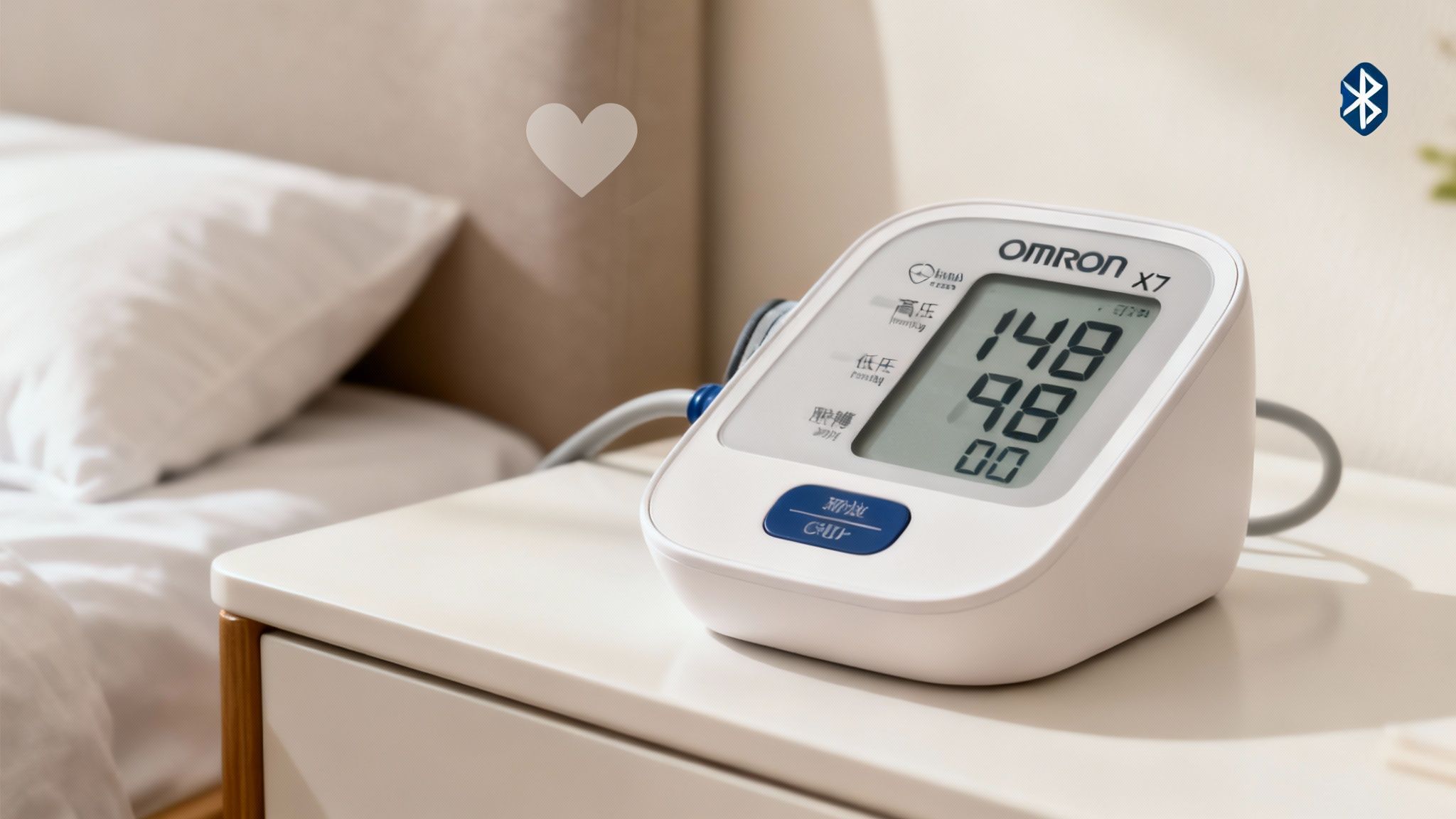 O persoană folosește un tensiometru OMRON X7 Smart, conectat la un smartphone.