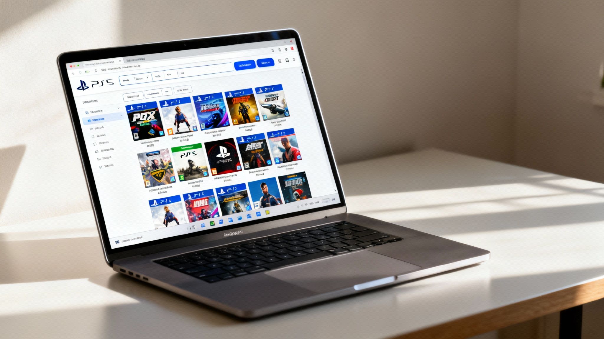 O interfață de site web arătând jocuri PS5, cu un cursor de mouse peste butonul „Adaugă în coș”.