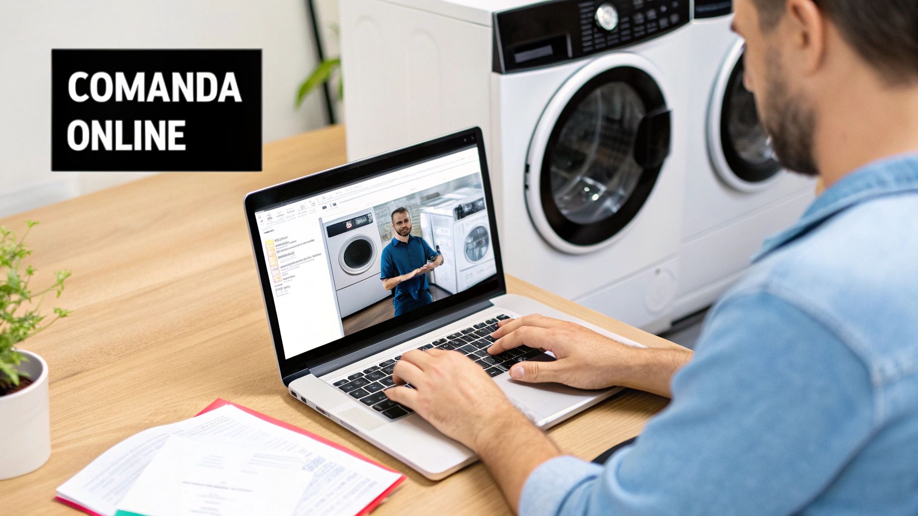 O persoană adaugă o piesă de mașină de spălat în coșul de cumpărături online pe un laptop.