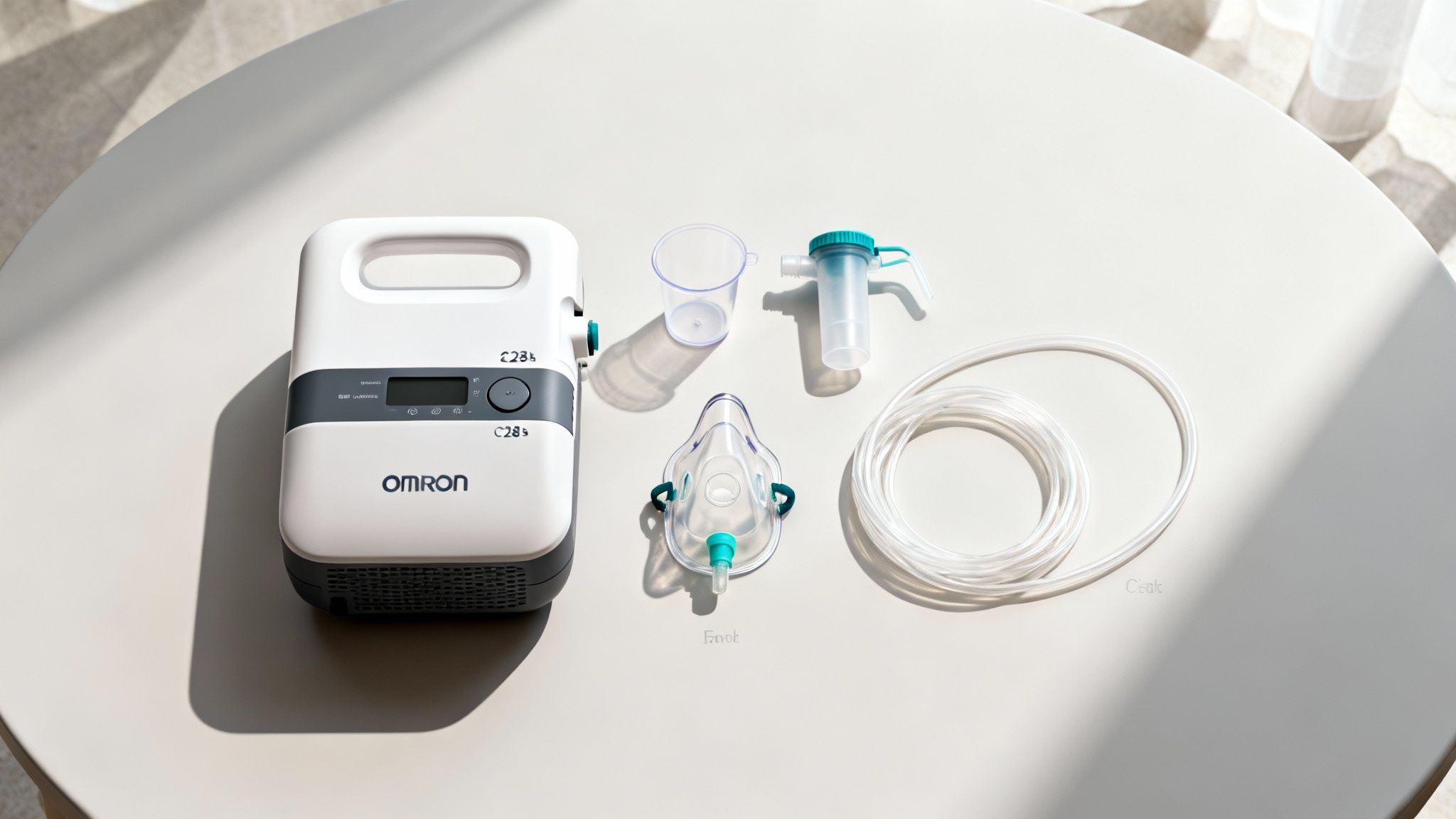 O persoană asamblează cu atenție kitul de nebulizare al unui aparat OMRON C28P pe o masă curată.