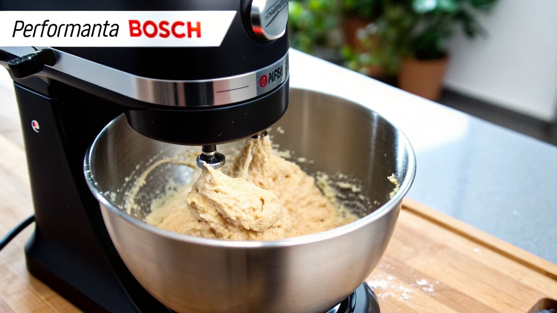 Un mixer vertical Bosch, cu piciorul de pasare și lamele vizibile, alături de accesorii precum telul și tocătorul.