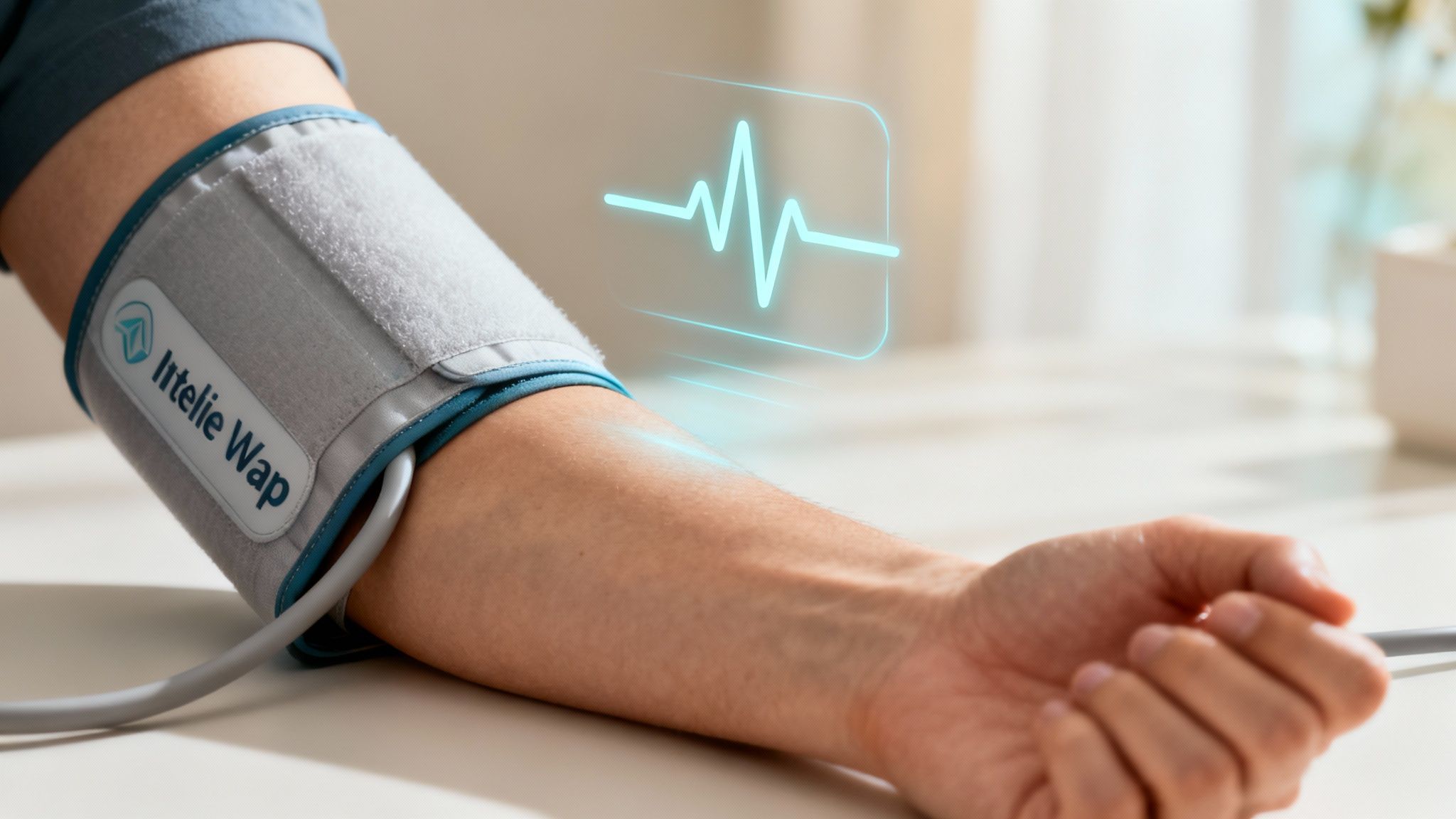 Un detaliu al manșetei Intelli Wrap OMRON, arătând calitatea materialului și designul ergonomic.