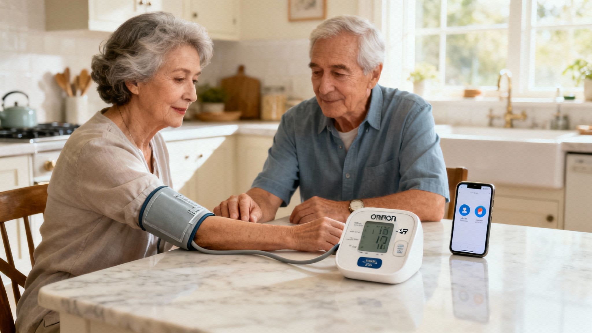 O femeie zâmbește în timp ce își verifică rezultatele tensiunii pe smartphone, conectat la un OMRON X7 Smart.