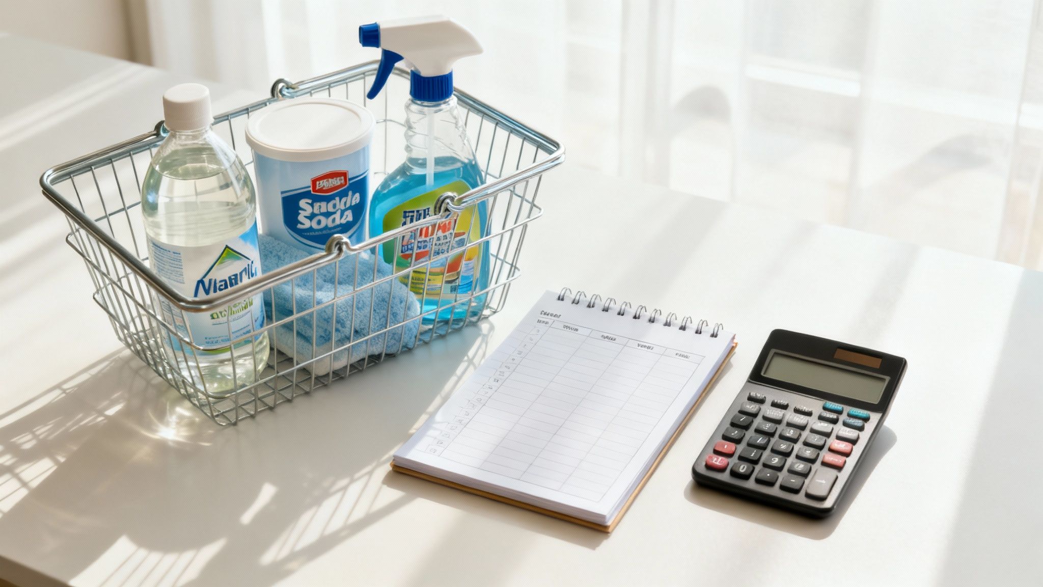 O persoană organizând produse de curățenie într-un coș, ilustrând planificarea cumpărăturilor