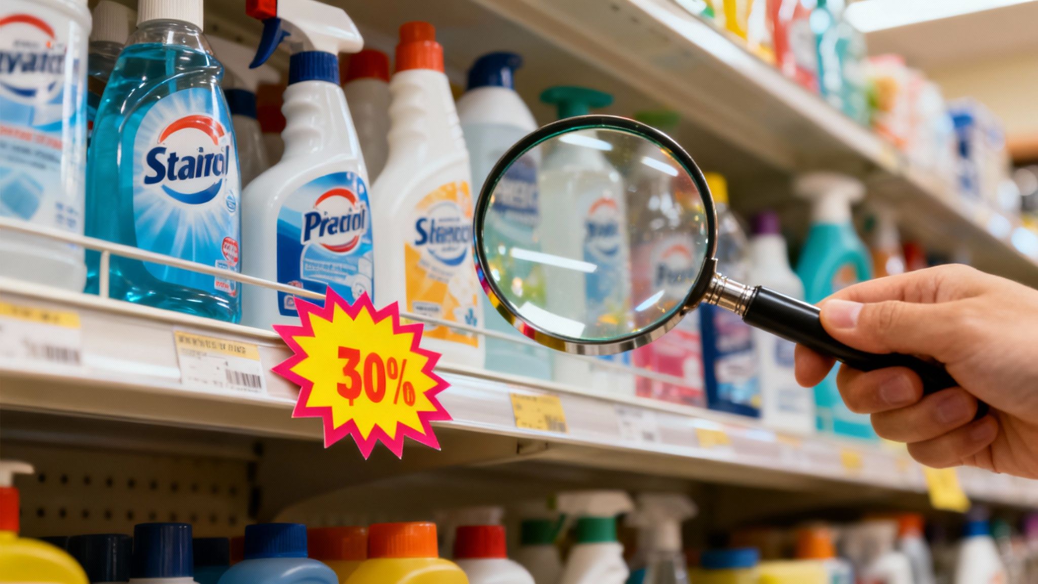 O mână ținând un coș de cumpărături în fața unui raft plin cu produse de curățenie, simbolizând alegeri inteligente.