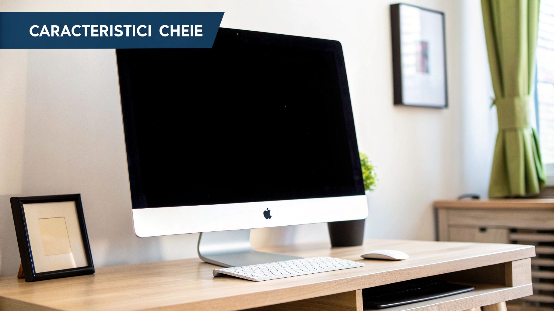 Un monitor PC afișând un ecran colorat, plasat pe un birou modern