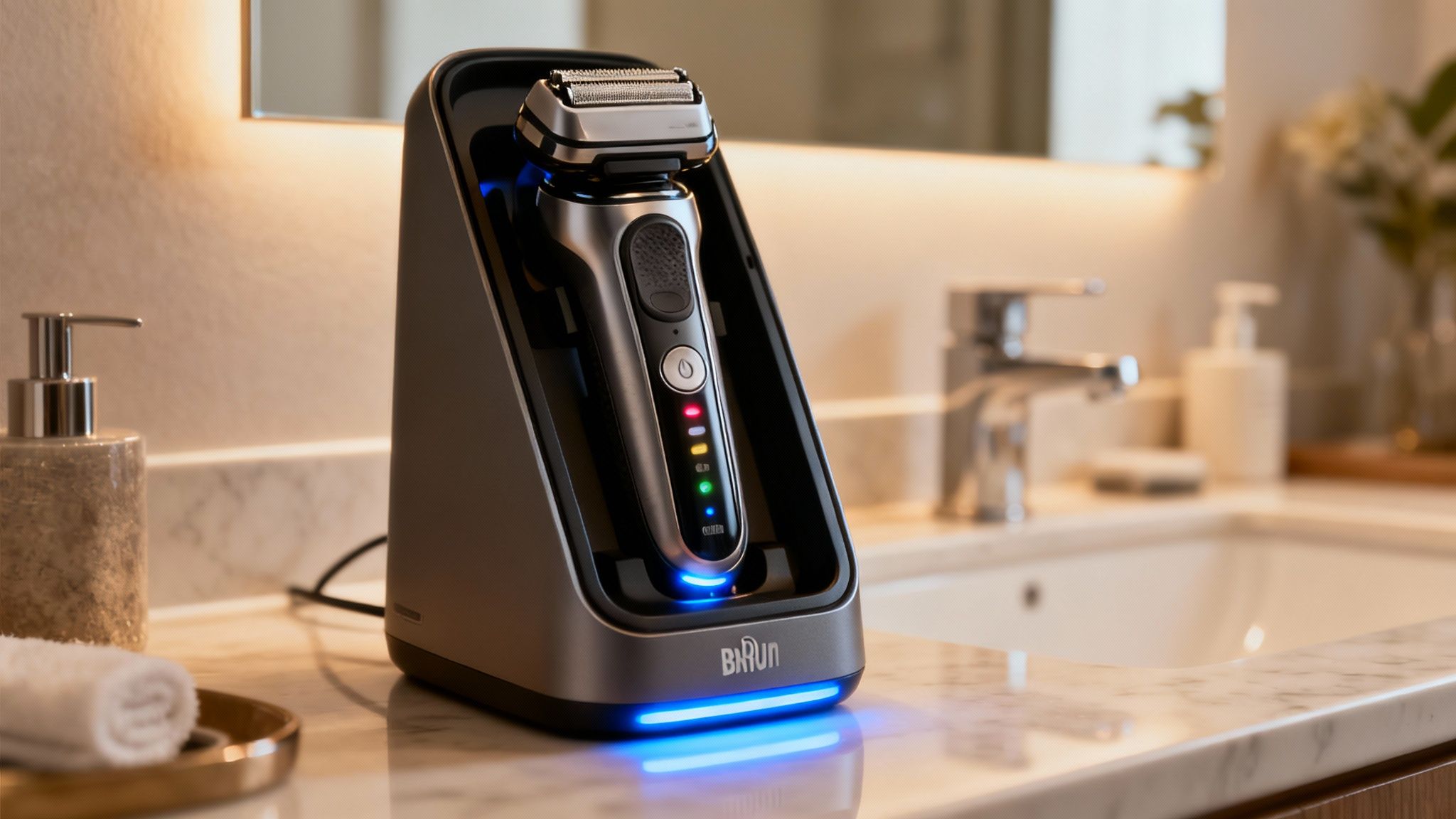 Stația de curățare SmartCare 5-în-1 a aparatului Braun Series 9 Pro 9477cc, ilustrând procesul de întreținere automată.