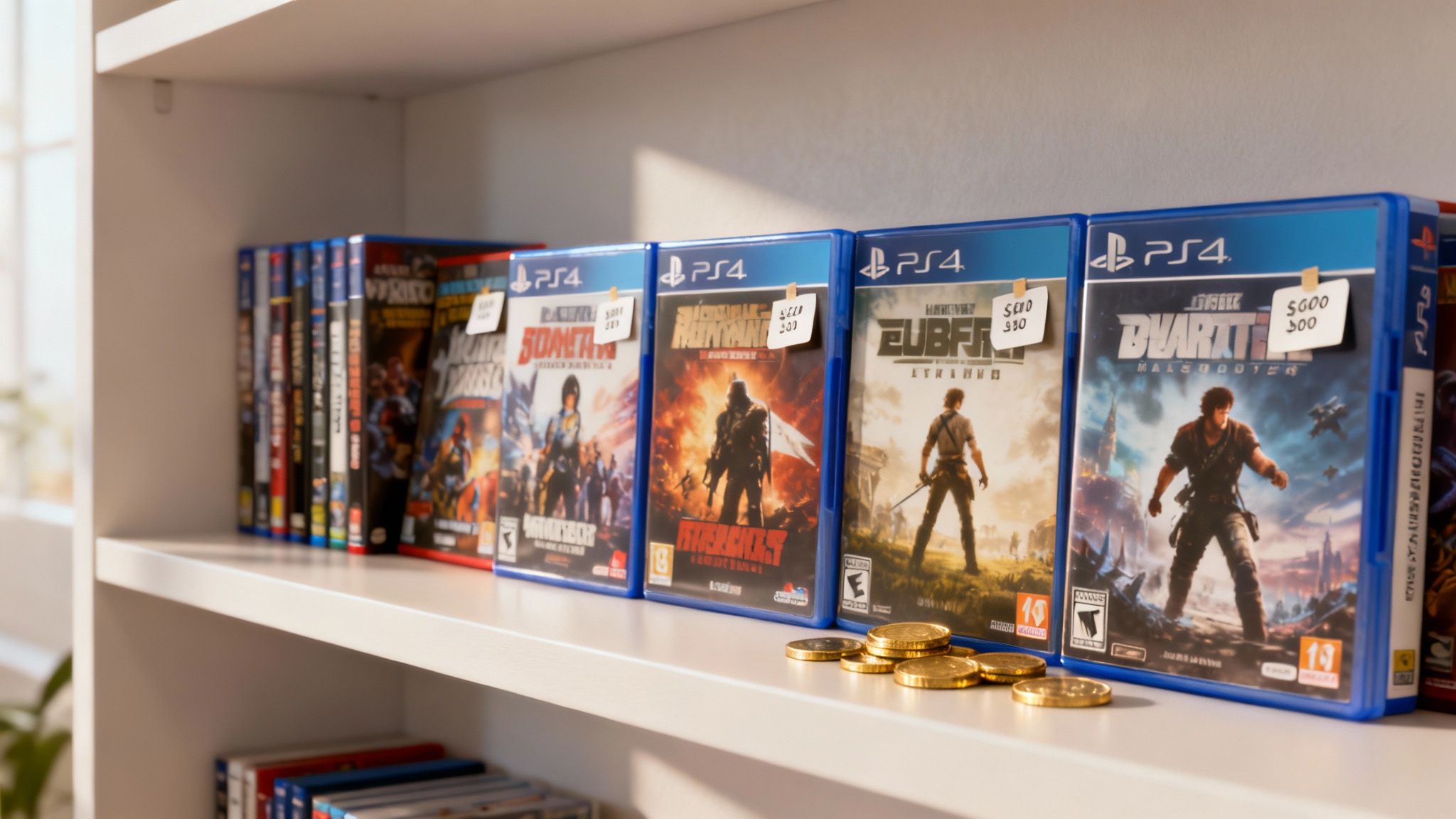 O colecție de jocuri PS4 aranjate pe un raft