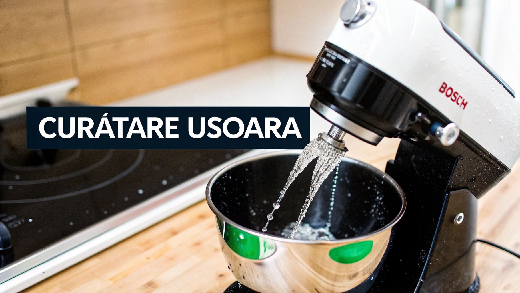 Un mixer vertical Bosch curățat și aranjat pe un blat de bucătărie.