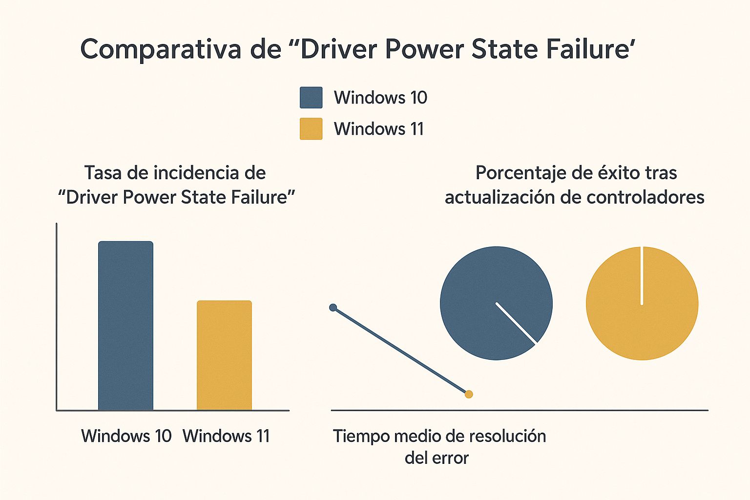 Infografía comparativa sobre la incidencia del error Driver Power State Failure, tiempo de resolución y éxito de actualización de controladores en Windows 10 vs Windows 11.