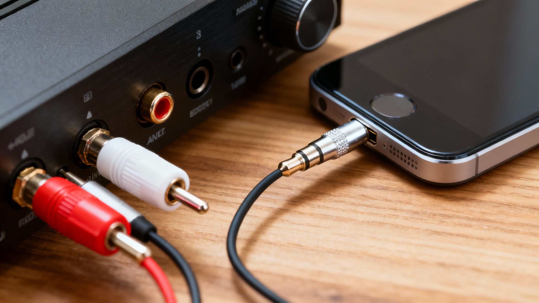 Una variedad de cables RCA y Jack 3.5 mm de colores.