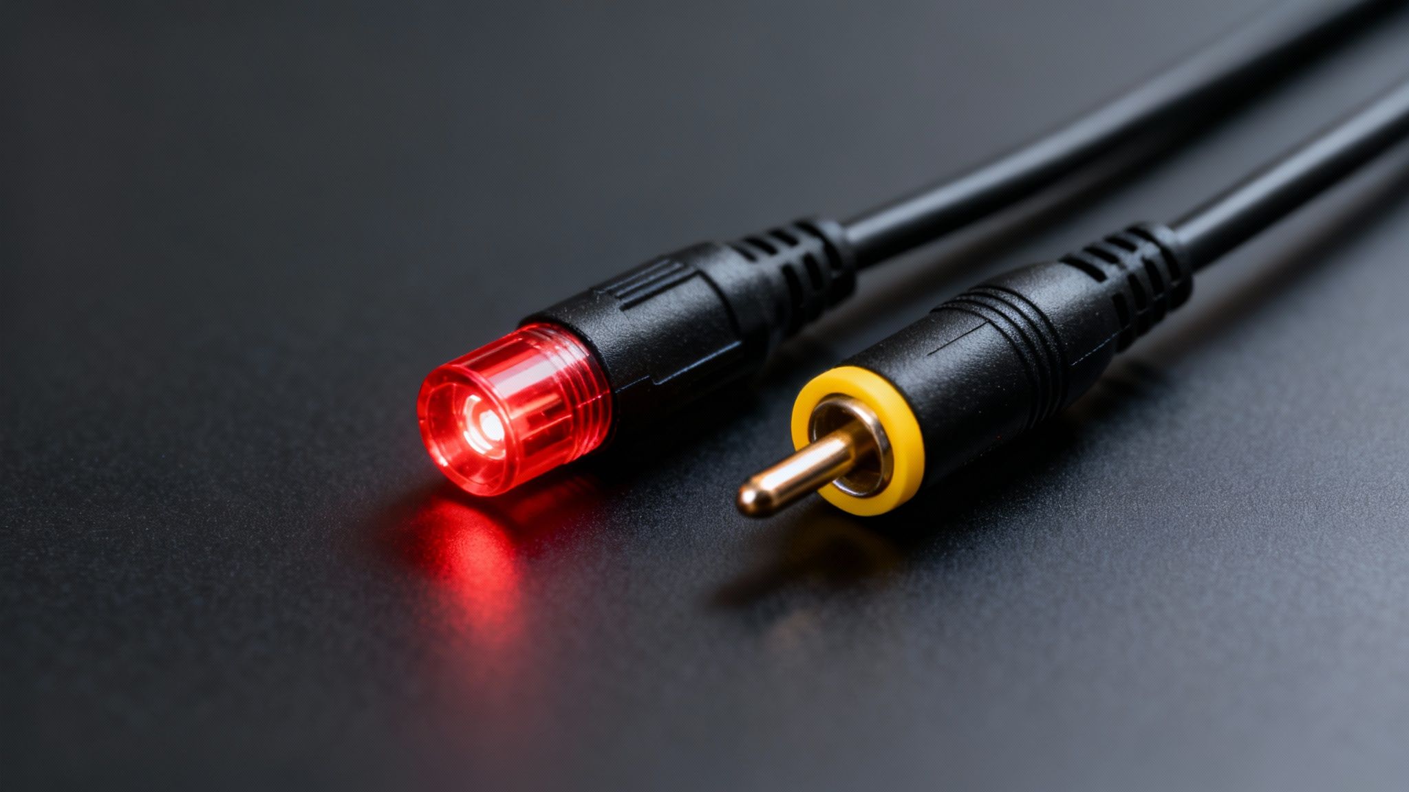 Una variedad de cables ópticos y coaxiales conectados a un receptor de cine en casa.