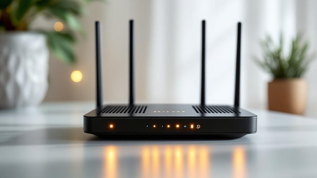 Una persona mirando con preocupación la luz parpadeante de su router WiFi en una habitación poco iluminada