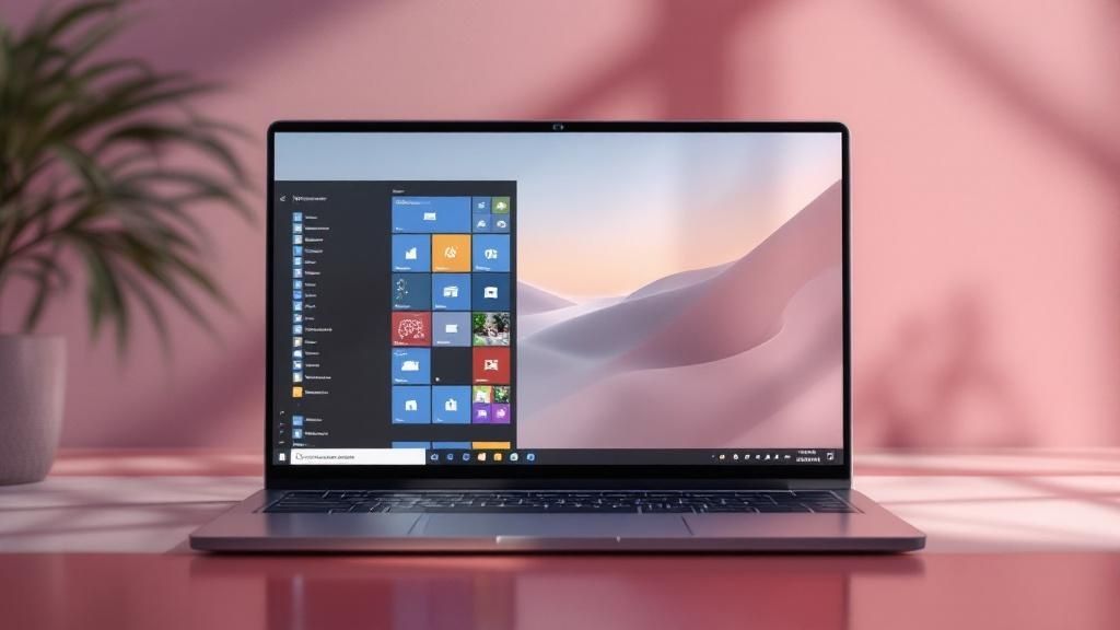 Una pantalla de inicio de Windows personalizada con un fondo de pantalla de paisaje montañoso y iconos organizados.