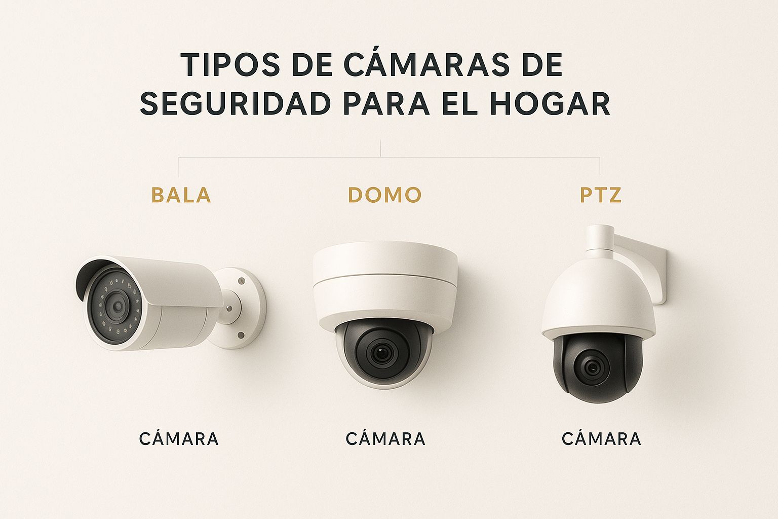 Infografía que muestra los tres diseños físicos de cámaras de seguridad para el hogar: tipo bala, domo y PTZ.