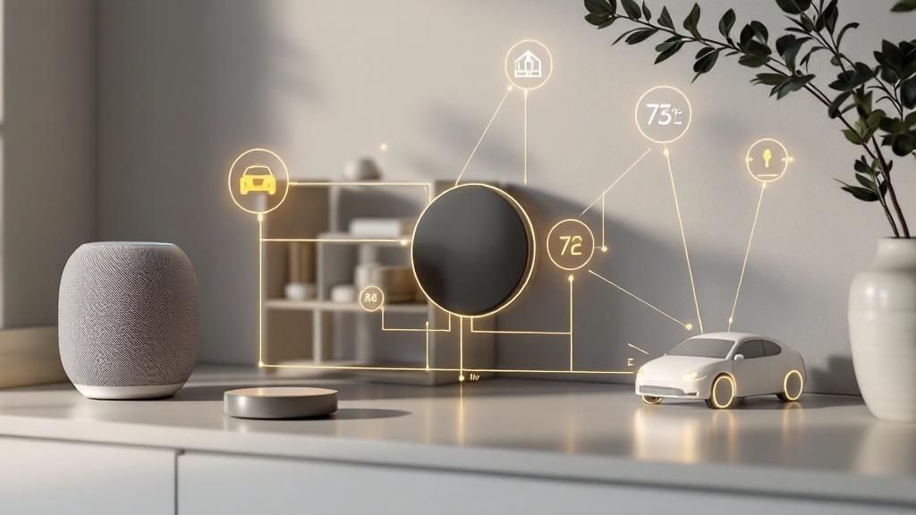 Un ecosistema de dispositivos interconectados del Internet de las Cosas, incluyendo un hogar inteligente, un coche conectado, y dispositivos de salud y fitness.