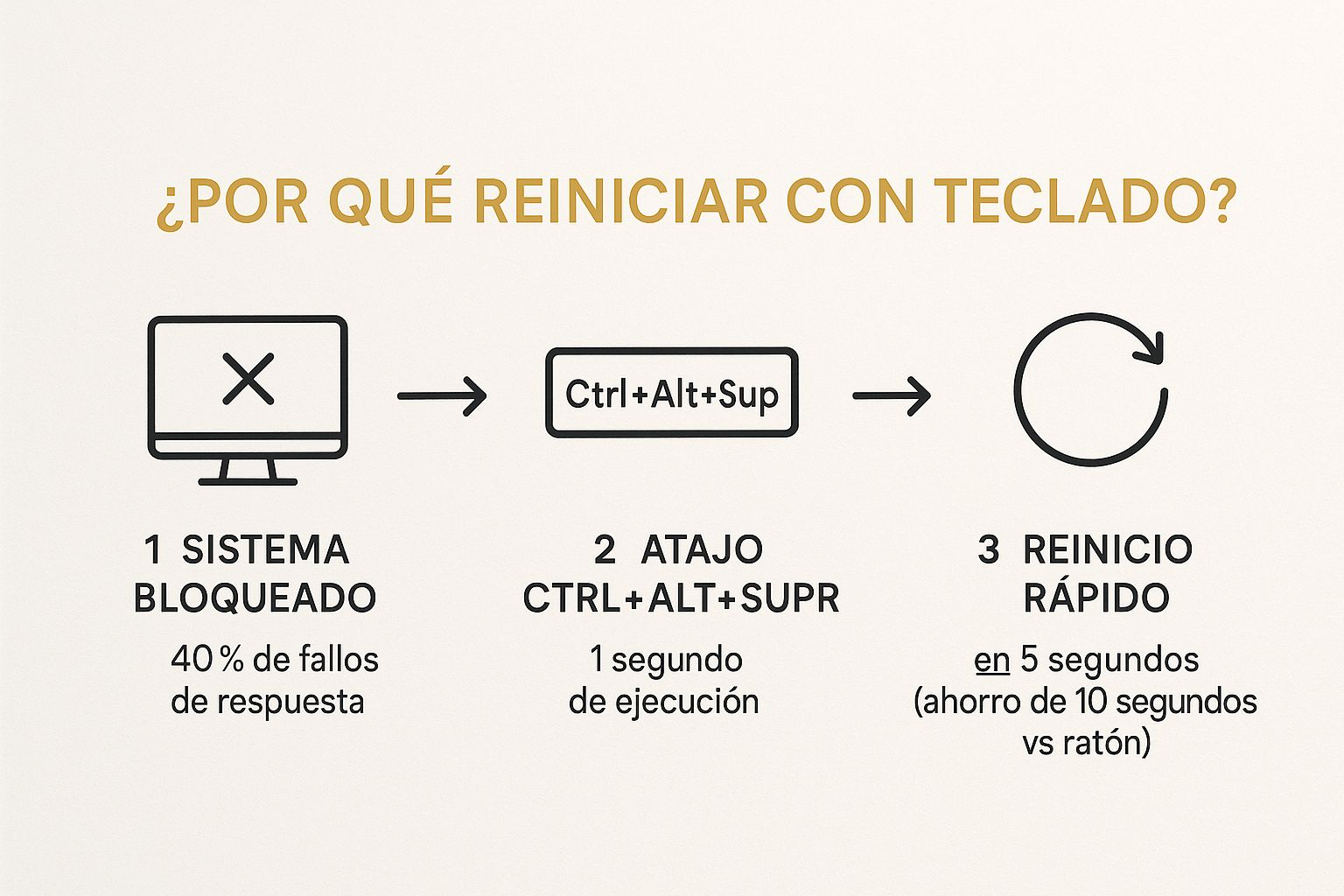 Infografía que muestra el proceso de reiniciar con el teclado desde un sistema bloqueado, destacando el ahorro de tiempo frente al uso del mouse.