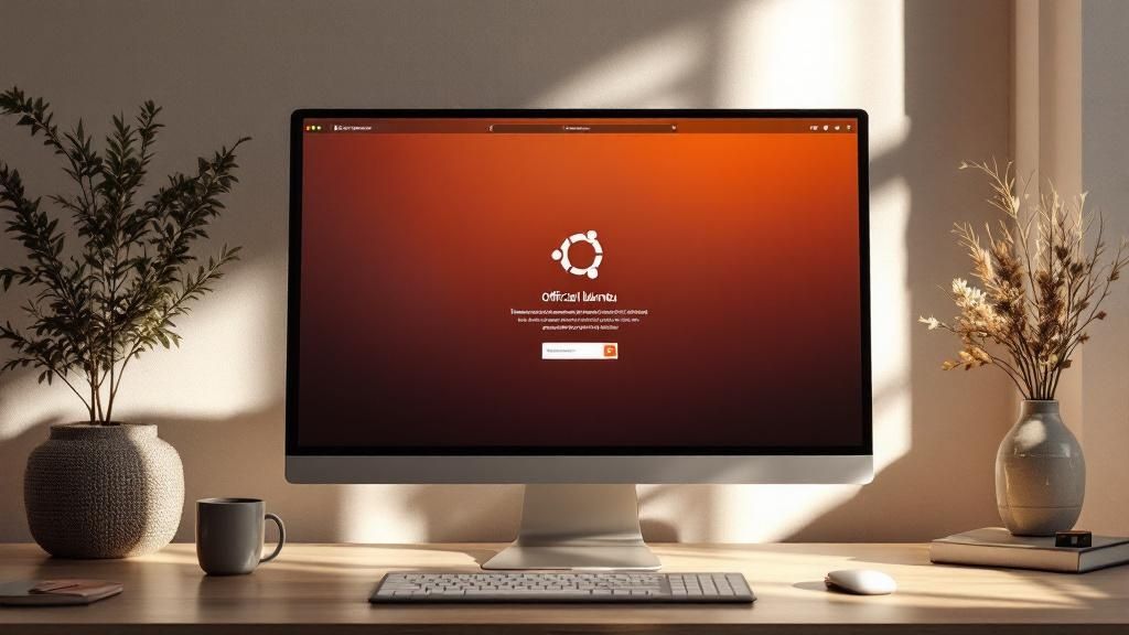 Una memoria USB con el logo de Ubuntu junto a una laptop, simbolizando la preparación para instalar Ubuntu.