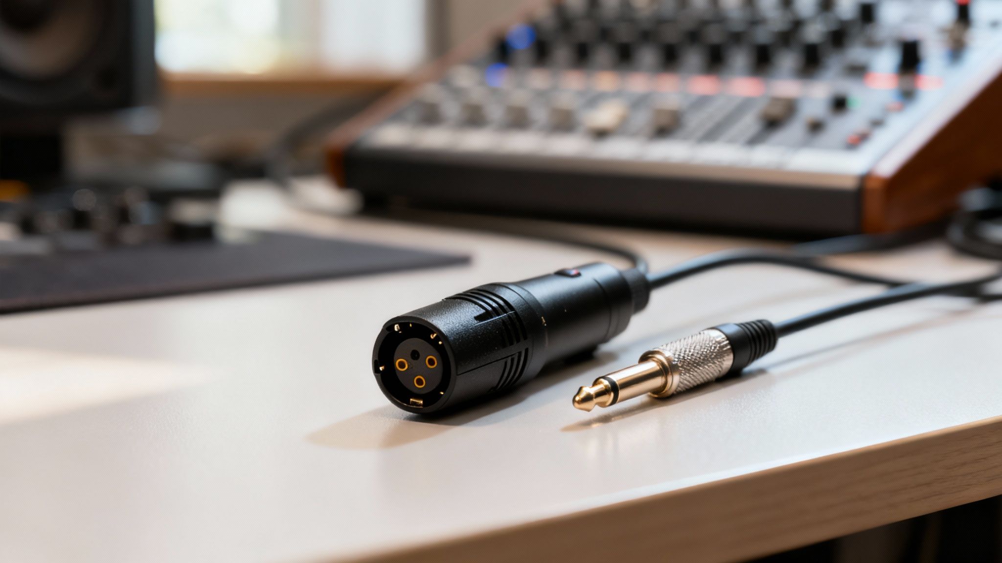 Un micrófono de estudio profesional conectado con un cable XLR.