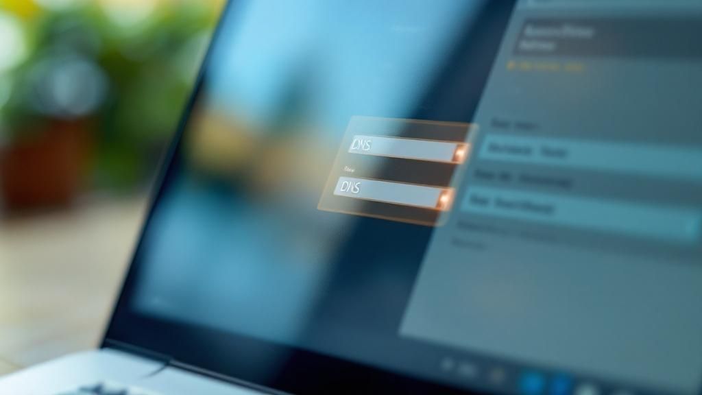 Una persona ajustando la configuración en una laptop con un router en el fondo.