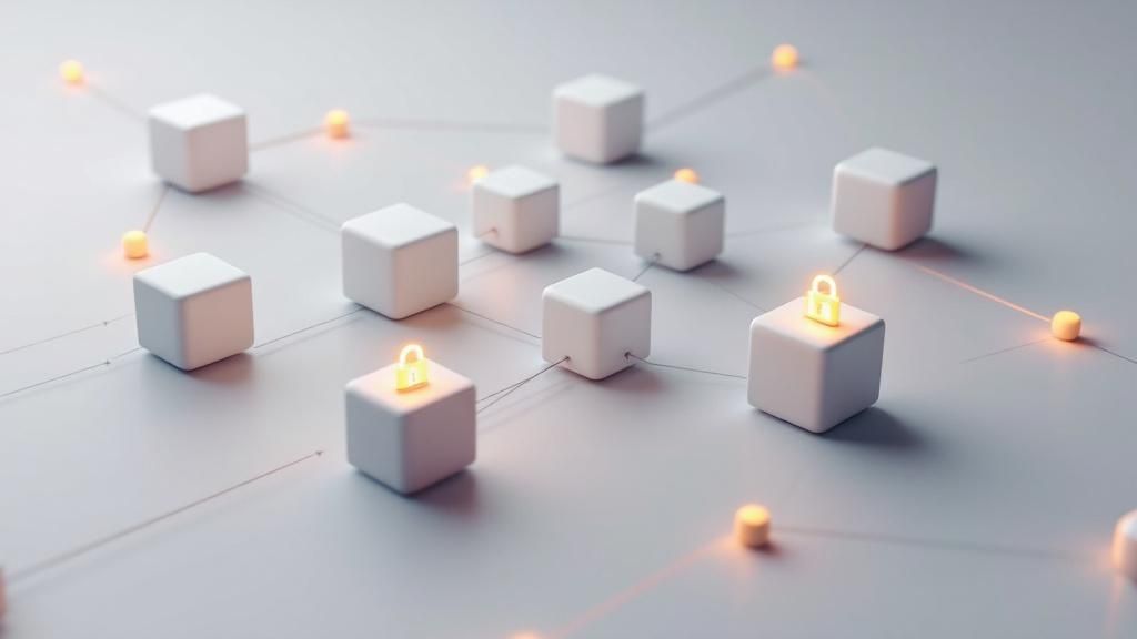 Ilustración conceptual de la tecnología Blockchain, mostrando bloques interconectados que simbolizan la seguridad y descentralización de los datos.