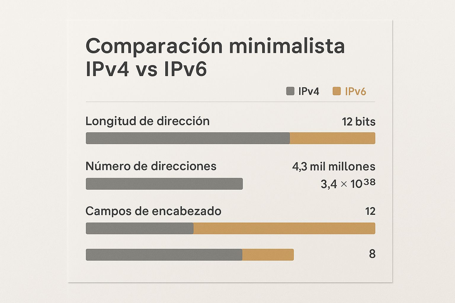 Infografía comparando la longitud de dirección, número de direcciones y campos de encabezado entre IPv4 e IPv6.