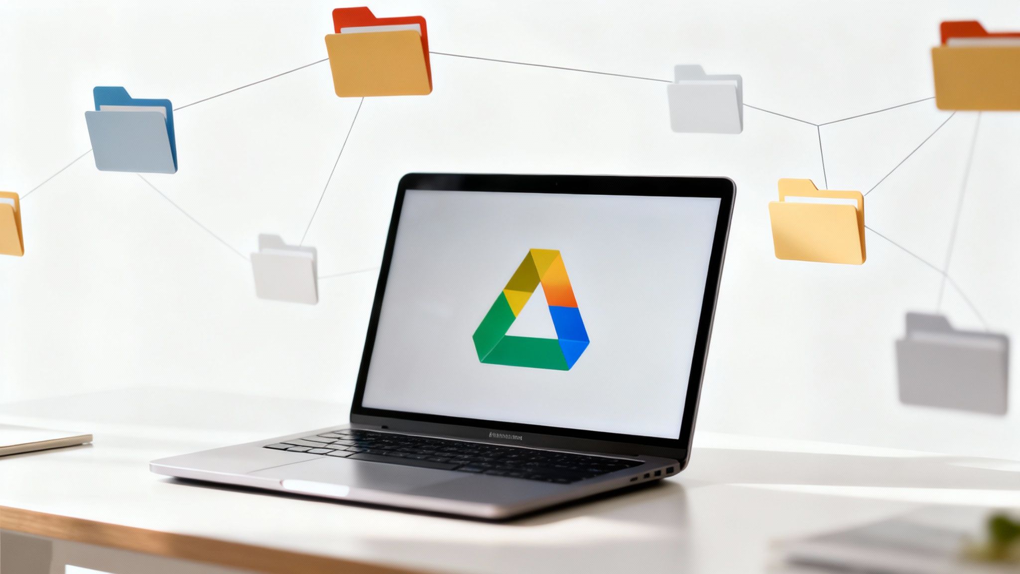 Una persona trabajando en una laptop con el logo de Google Drive en la pantalla