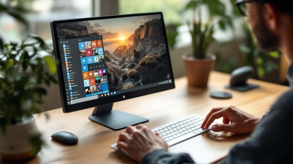 Una pantalla de inicio de Windows altamente personalizada con widgets y accesos directos únicos.
