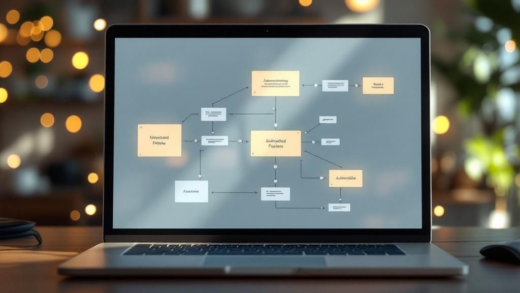Una persona en su escritorio interactuando con una interfaz digital que muestra flujos de trabajo automatizados, con íconos que representan correos electrónicos, archivos y reportes.