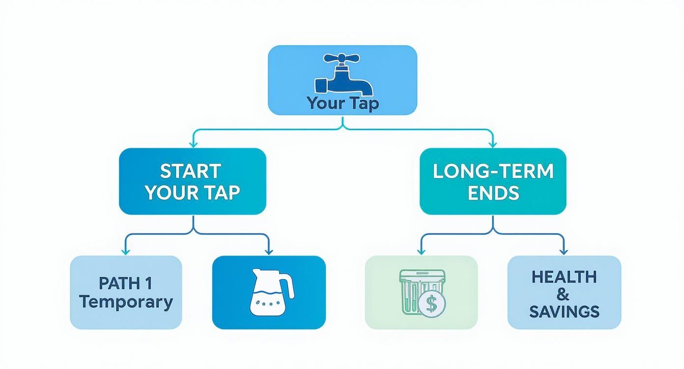 Flowchart illustrating decisions from 'Your Tap' leading to temporary, long-term ends, health, and savings.
