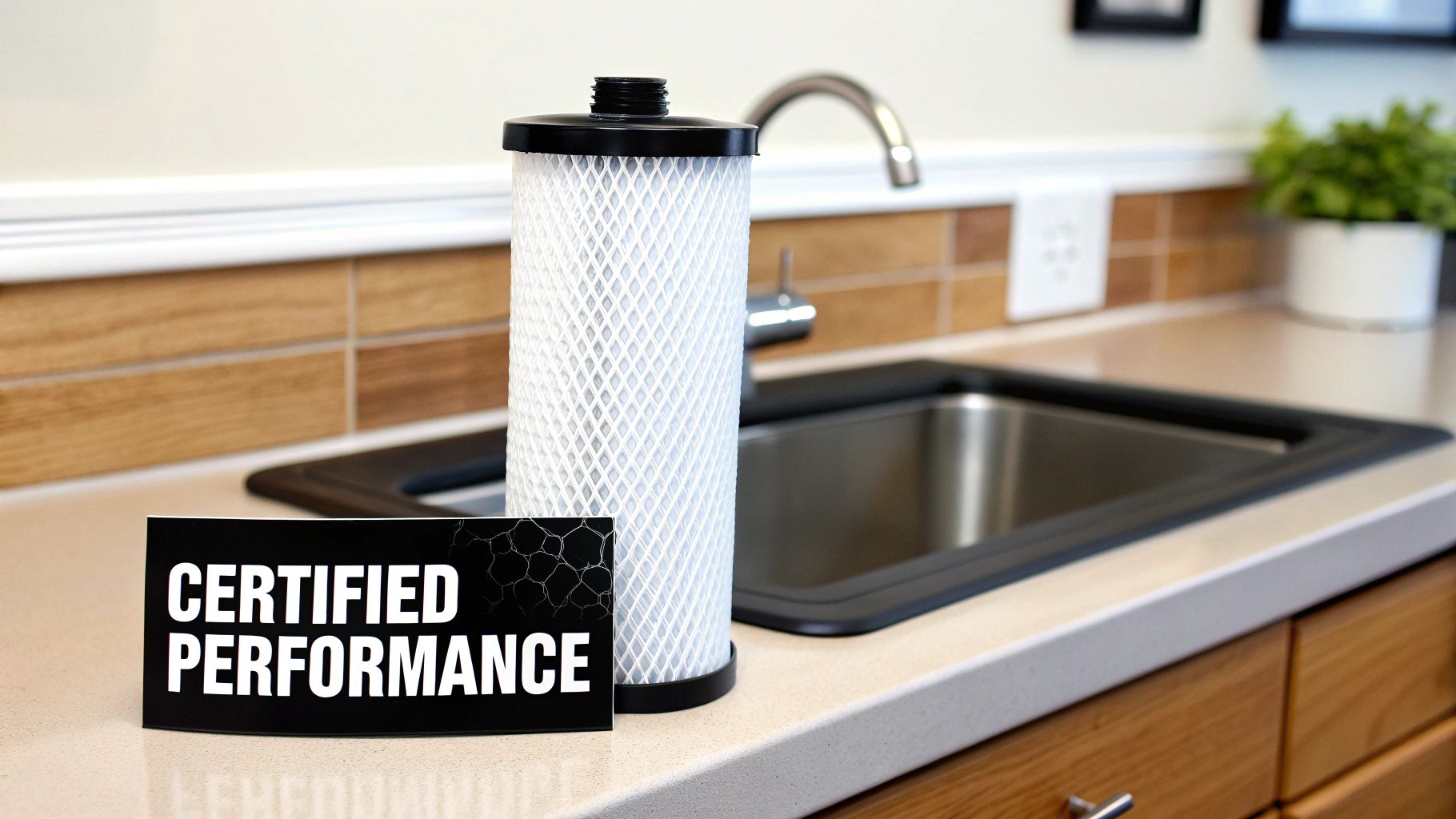 A certified performance water filter stands on a kitchen countertop next to a stainless steel sink.