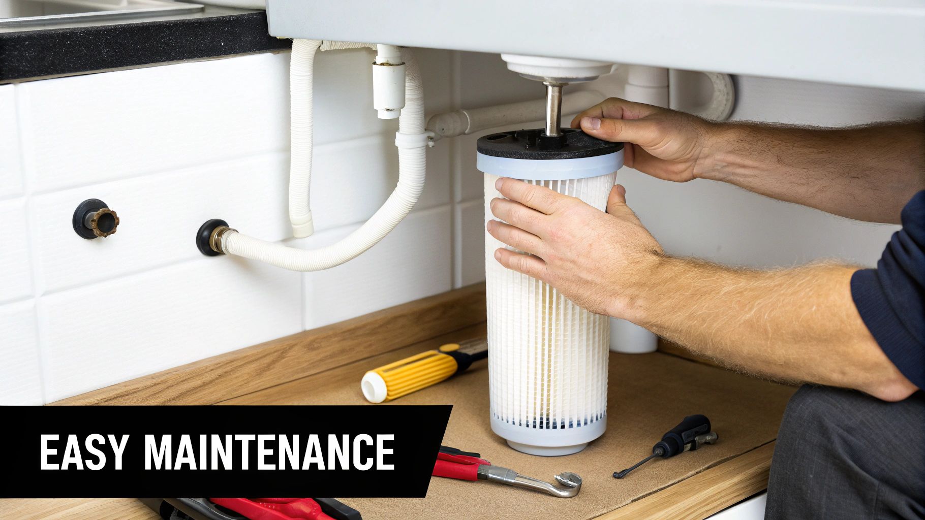Hands performing maintenance on an under-sink water filter, highlighting its easy upkeep.