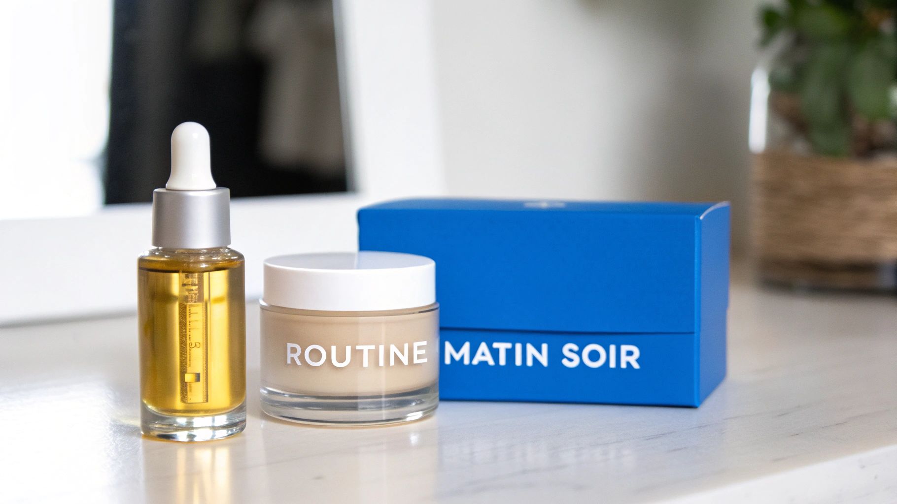 Trois produits de soin, une bouteille de sérum doré, un pot de crème Routine et une boîte bleue Matin Soir.