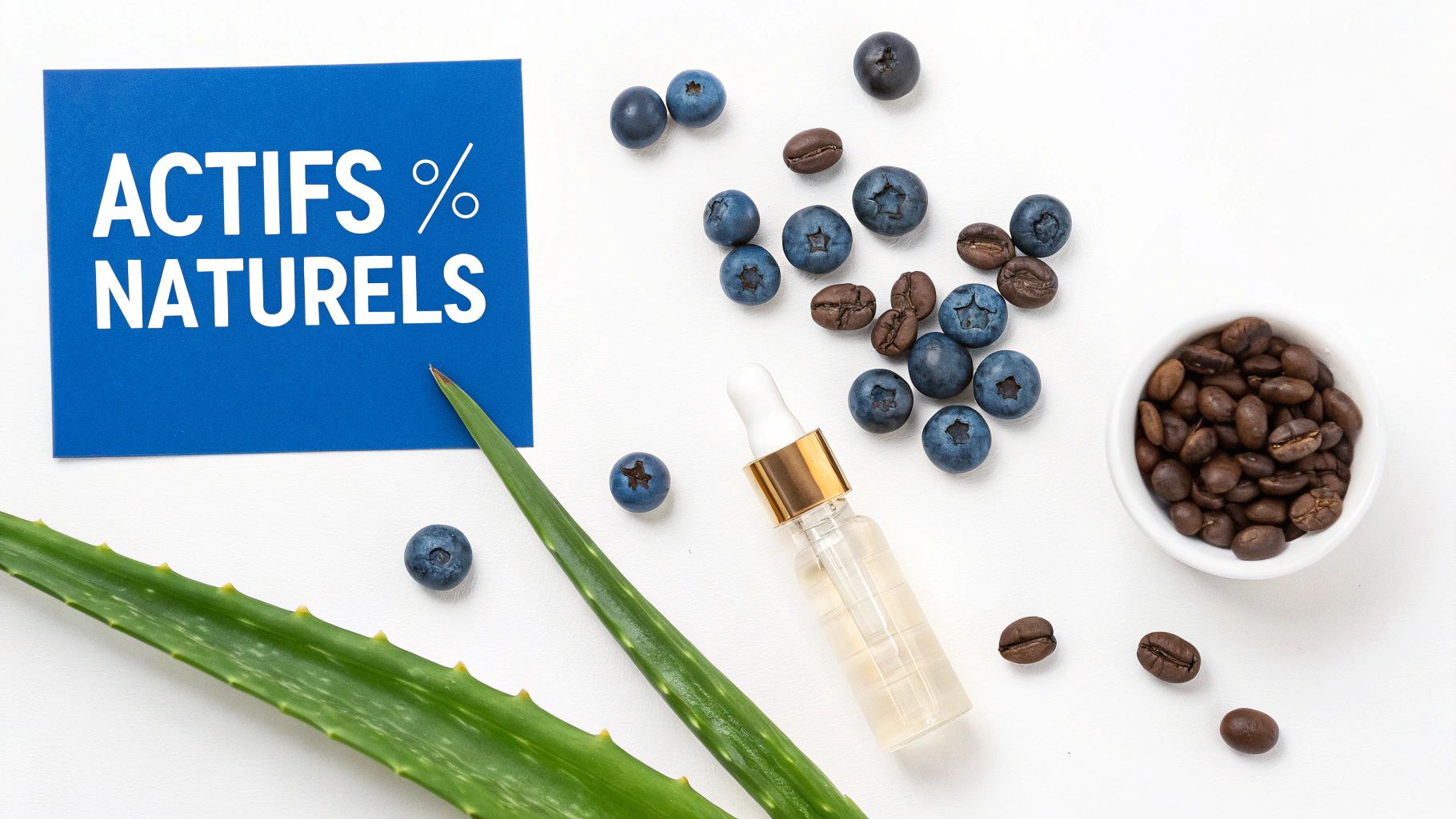 Ingrédients naturels pour cosmétiques : myrtilles, grains de café, aloe vera et un flacon, avec un panneau "ACTIFS % NATURELS".