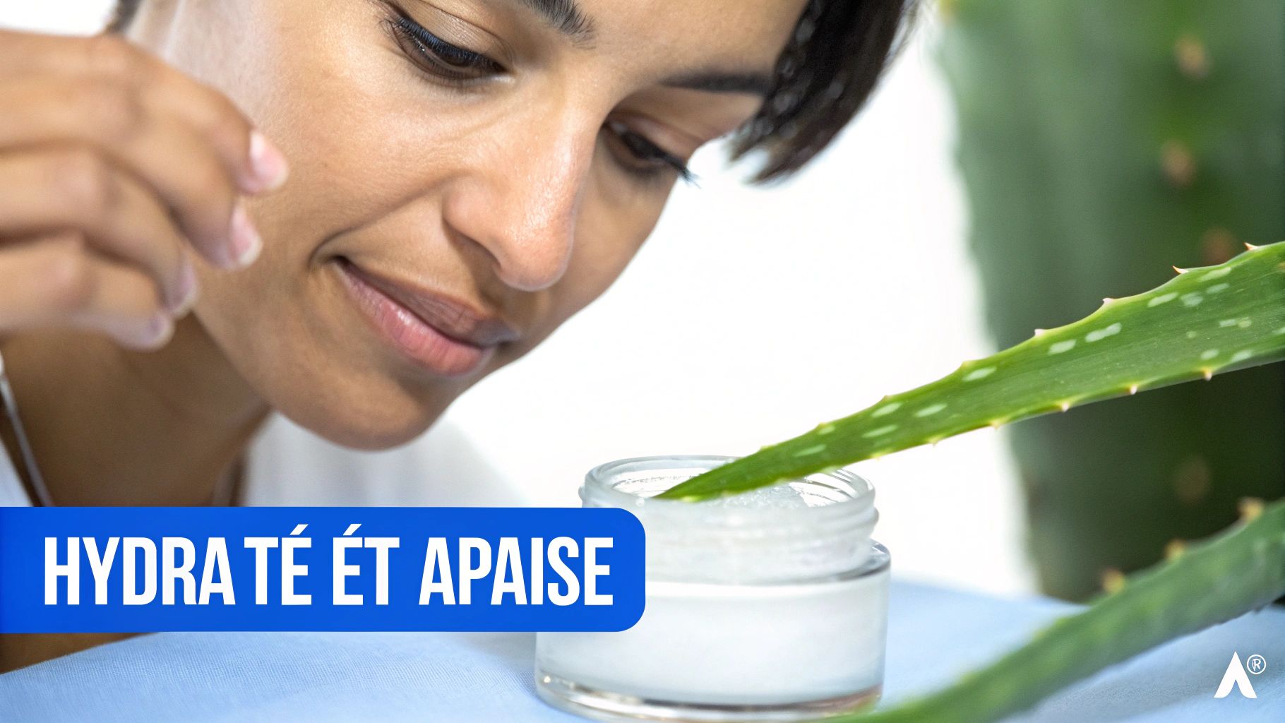 Une femme souriante observe une feuille d'aloe vera près d'une crème hydratante, évoquant l'apaisement.