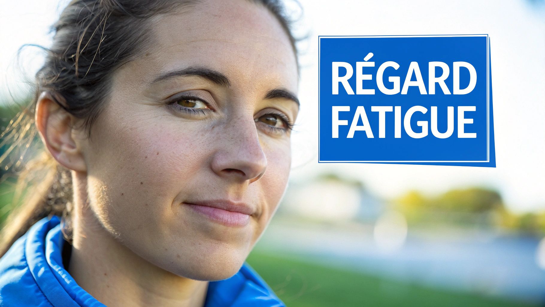 Gros plan sur le visage souriant d'une femme, avec un encadré bleu «RÉGARD FATIGUE» visible.