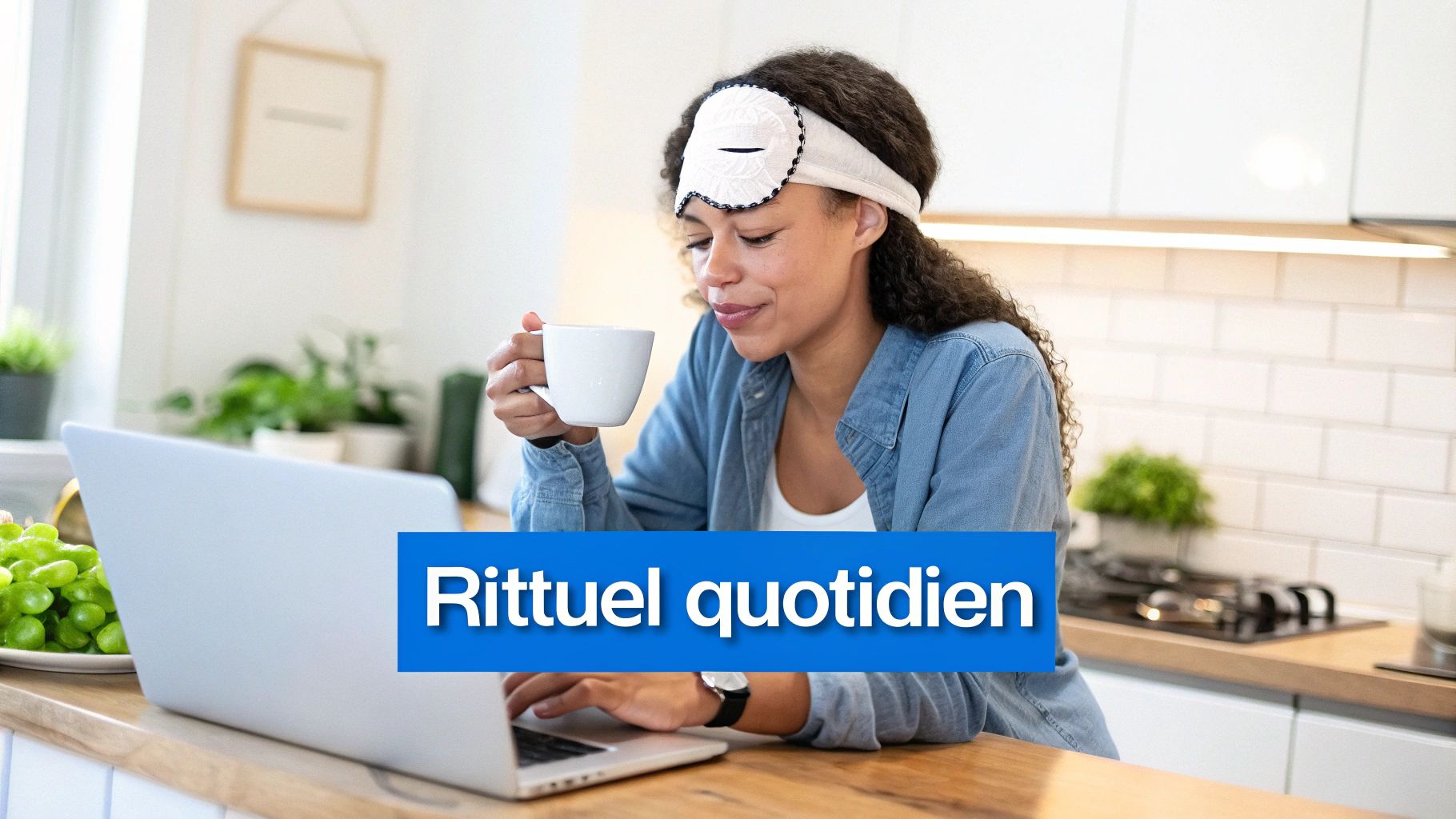 Une femme souriante avec un masque de sommeil sur le front boit du café et utilise un ordinateur portable dans sa cuisine.