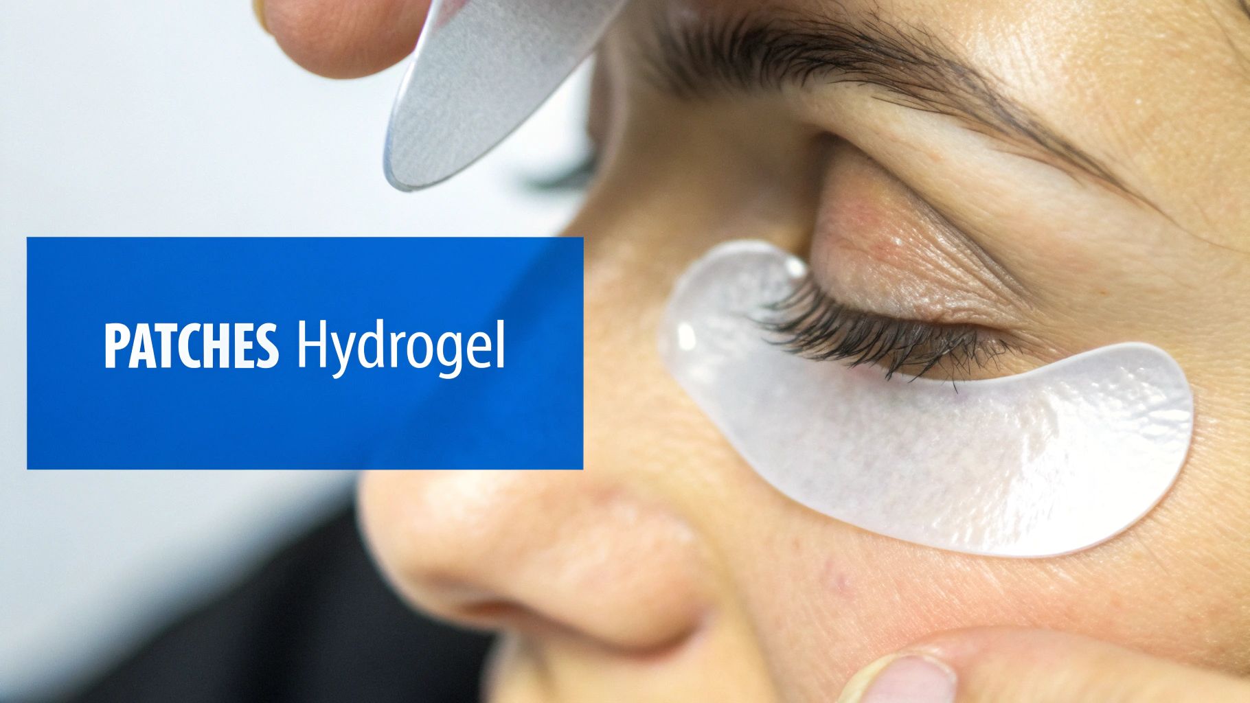 Gros plan sur un œil avec des patchs hydrogel blancs sous les cils, pour un soin ou une extension de cils.