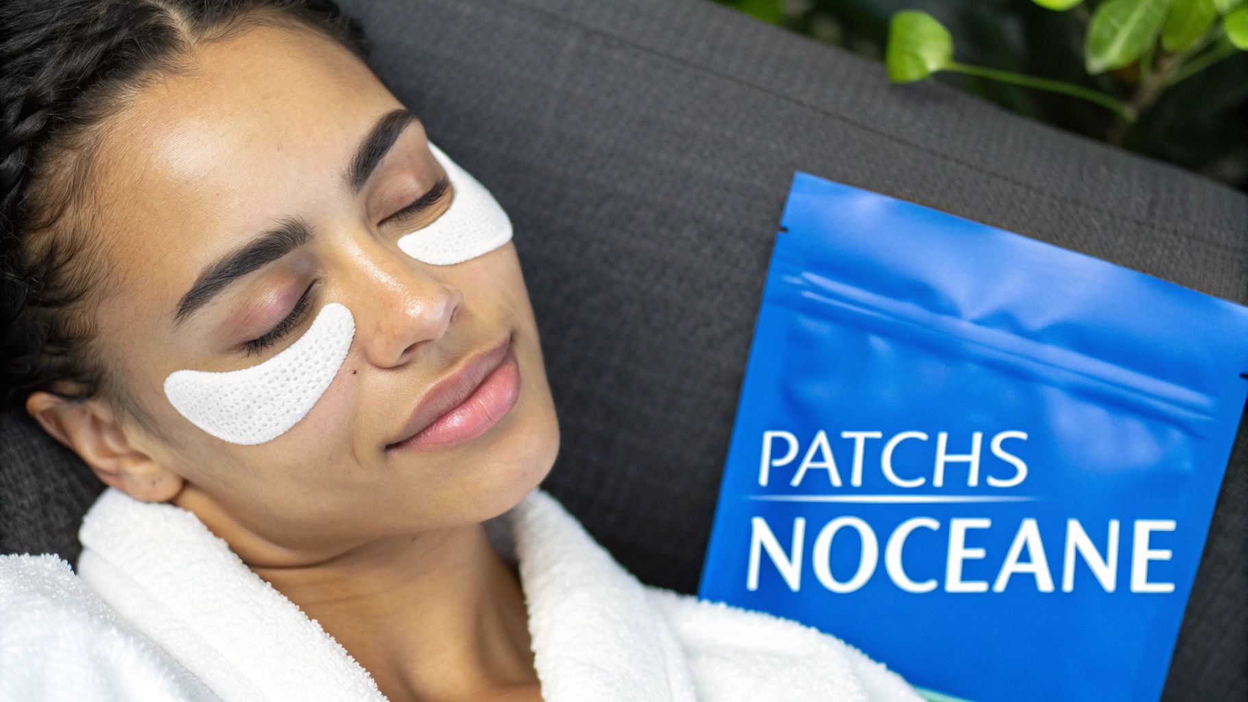 Une femme détendue, portant des patchs blancs sous les yeux et une robe éponge, à côté d'un paquet bleu de PATCHS NOCEANE.