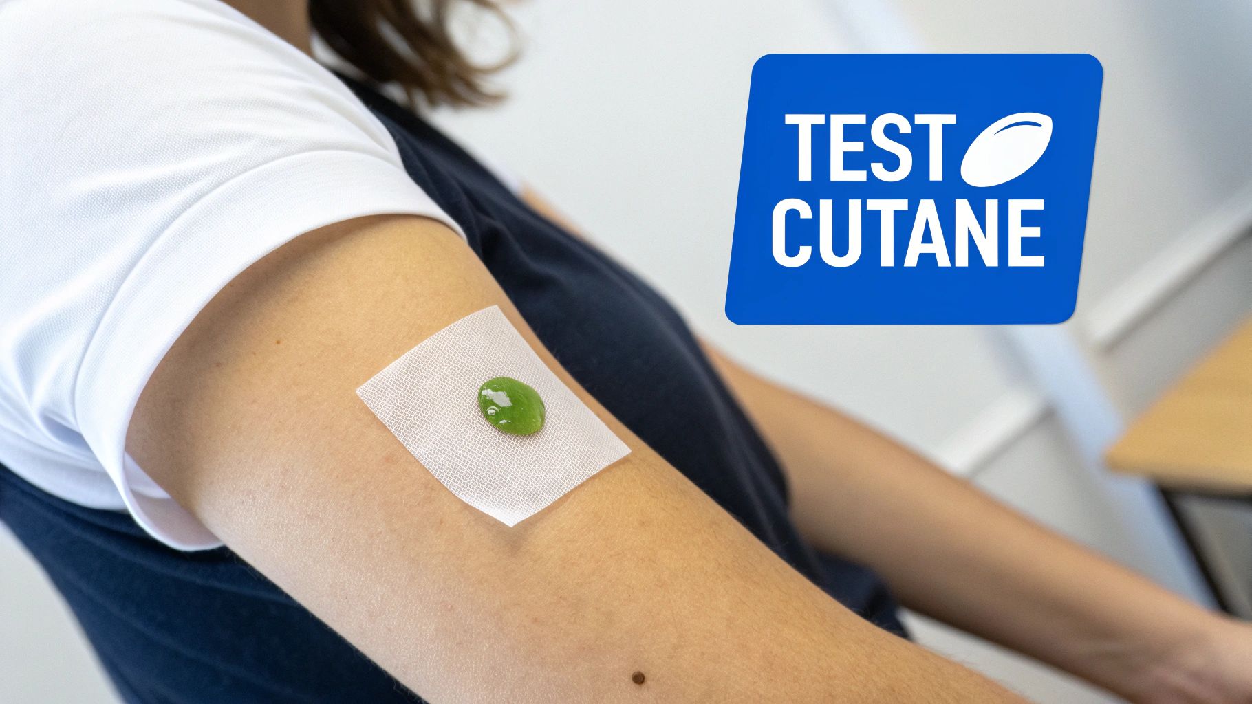 Gros plan sur un bras avec un patch cutané et une goutte de produit vert pour un test.