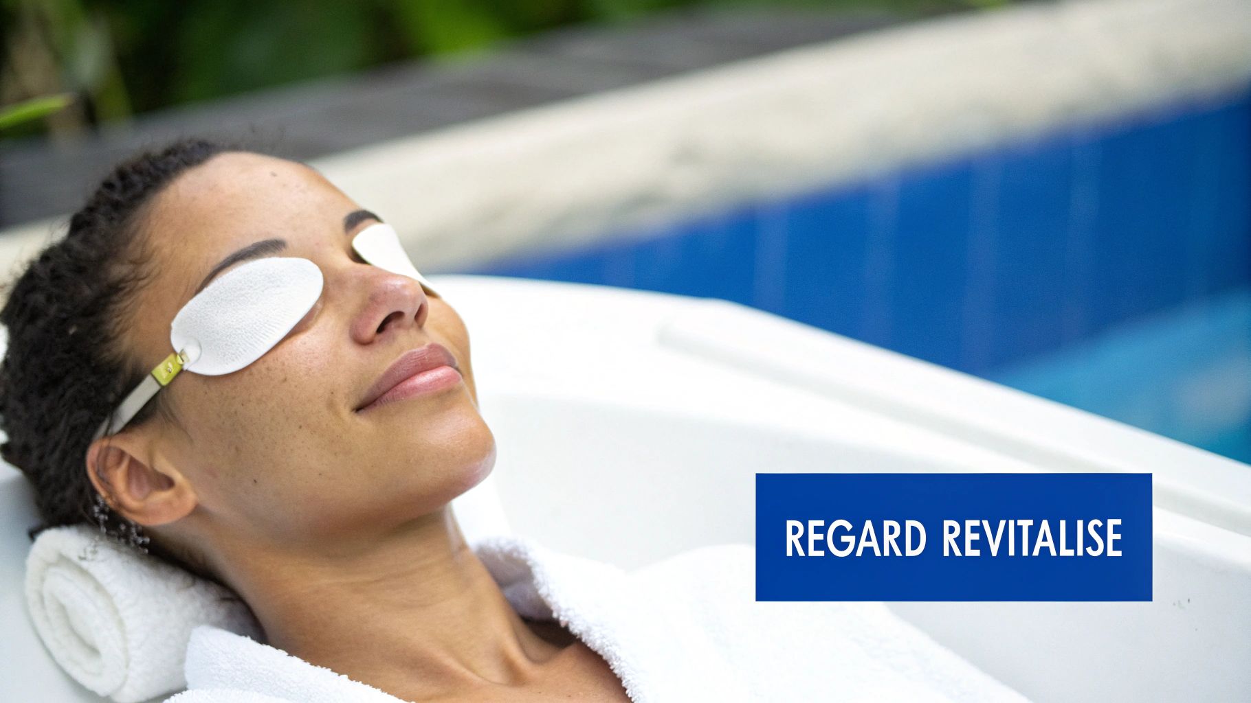 Une femme se détend paisiblement avec des masques oculaires blancs, son visage apaisé dans un environnement serein.