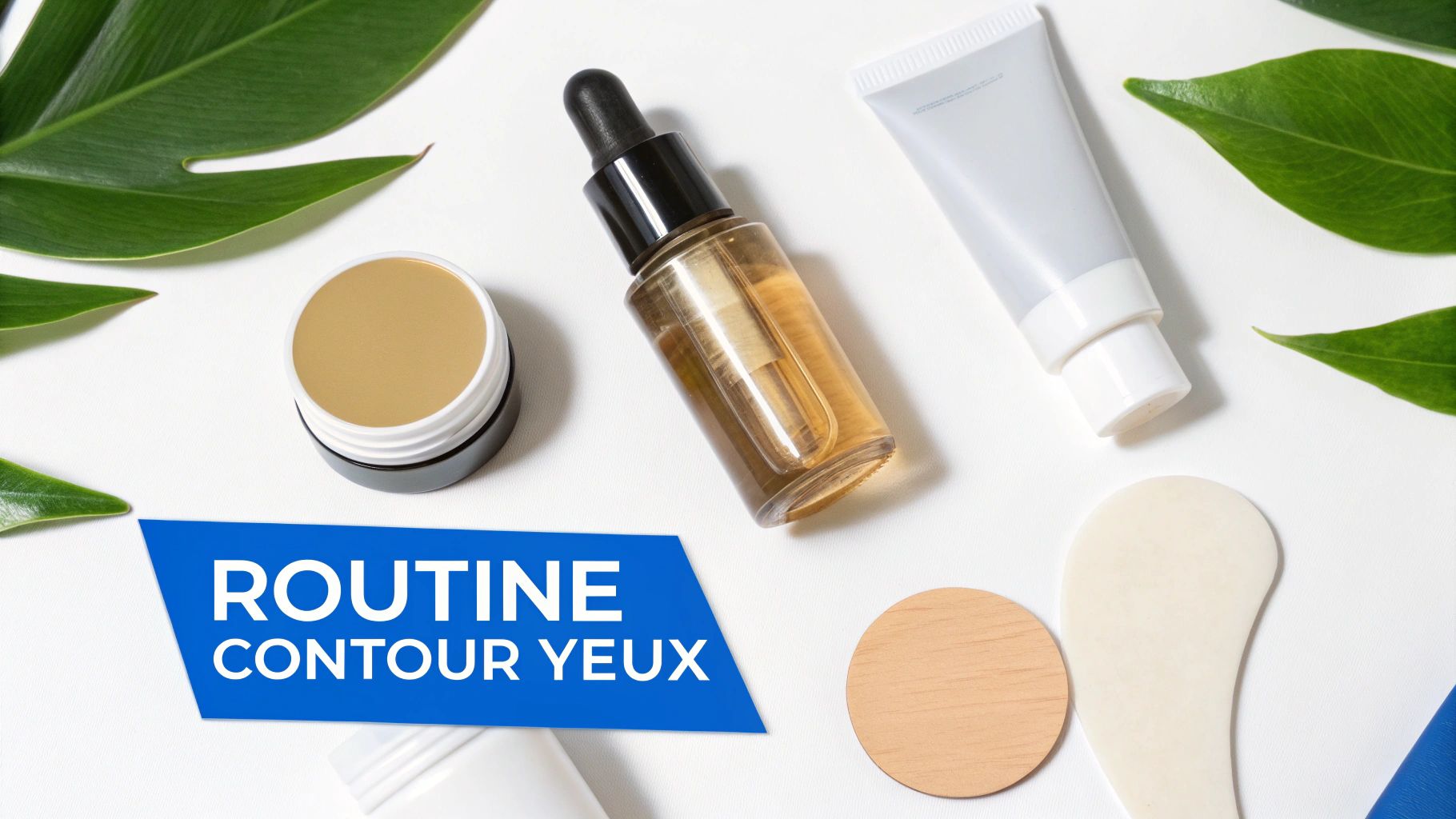 Produits de soin pour le contour des yeux, comprenant un sérum, une crème et des outils de massage, sur fond blanc avec feuilles vertes.