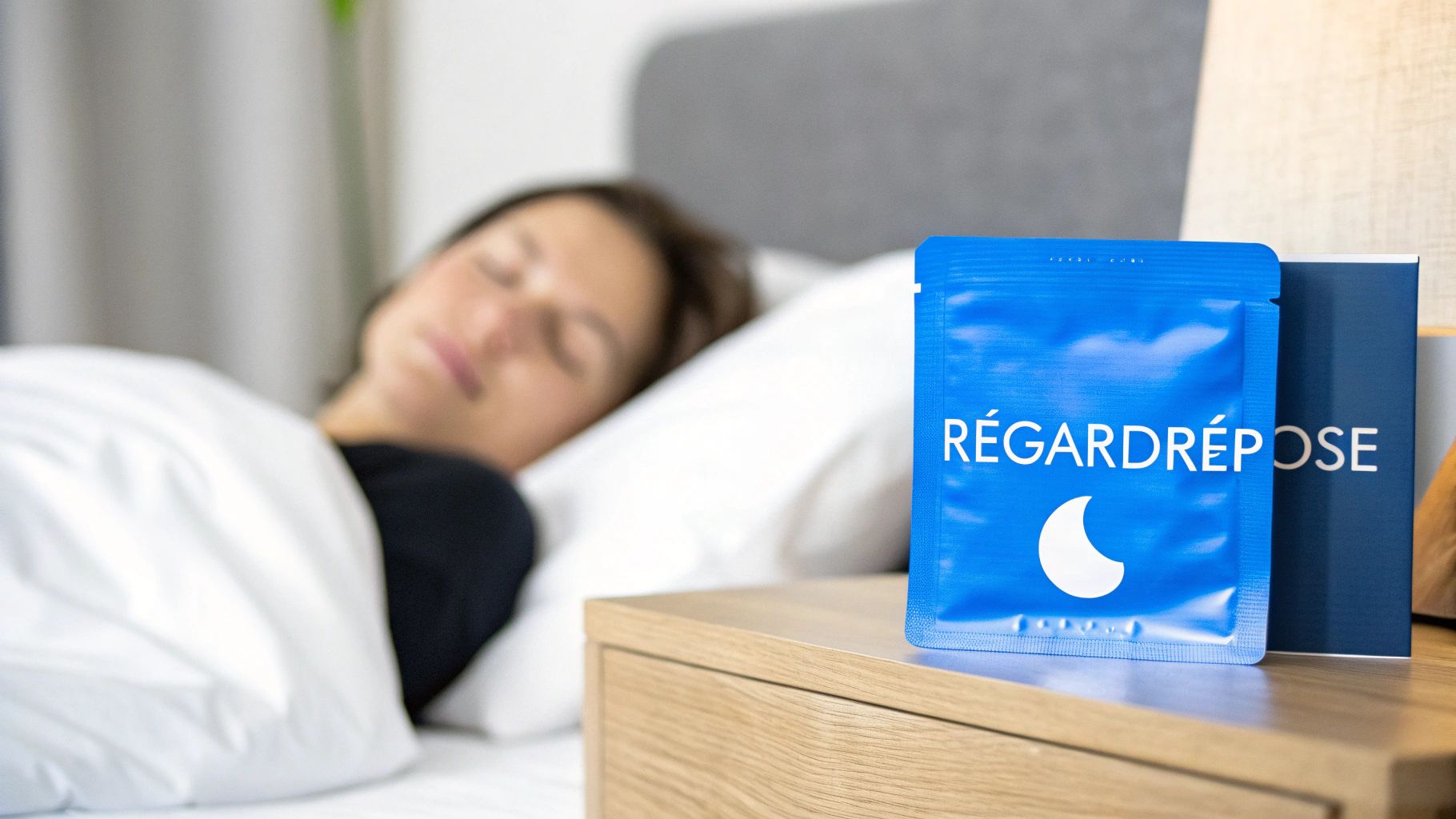 Une personne dort paisiblement dans son lit, avec un paquet bleu de patchs 'RÉGARDRÉPOSE' sur la table de chevet.