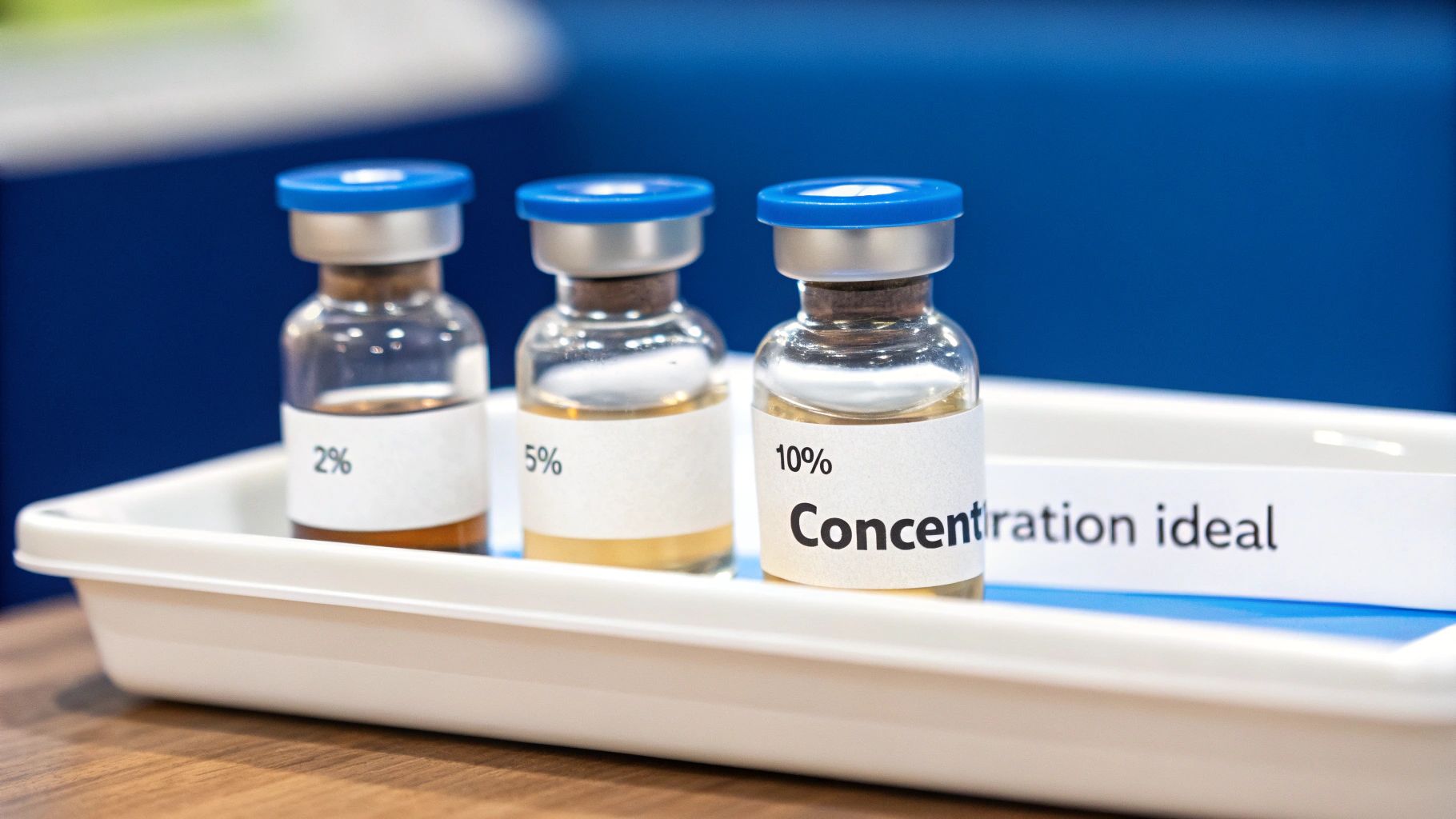 Trois flacons de solution avec des étiquettes indiquant 2%, 5% et 10%, ainsi qu'une étiquette "Concentration idéale" sur un plateau.