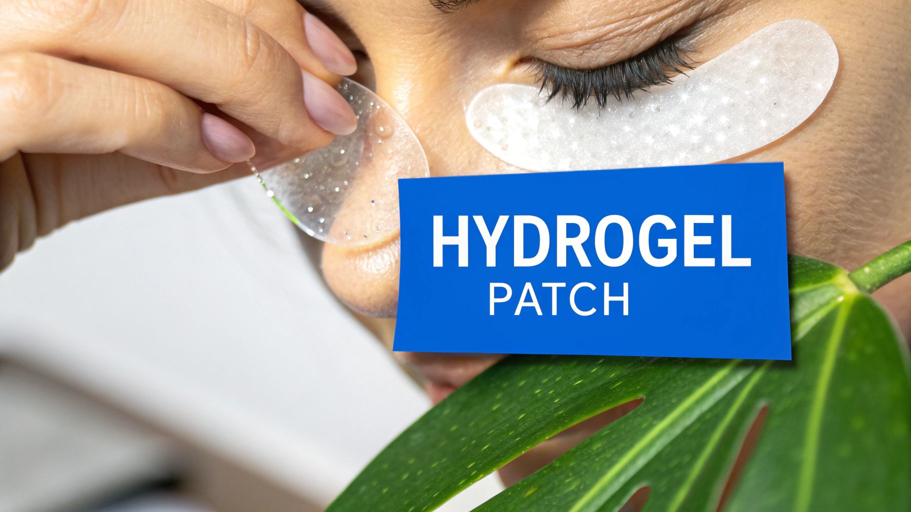 Femme appliquant des patchs hydrogel brillants sous ses yeux pour des soins de la peau.