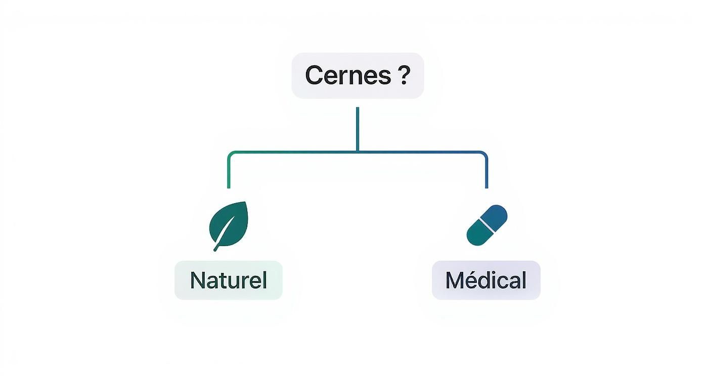 Diagramme présentant les options de traitement des cernes : méthodes naturelles (feuille) ou médicales (pilule).