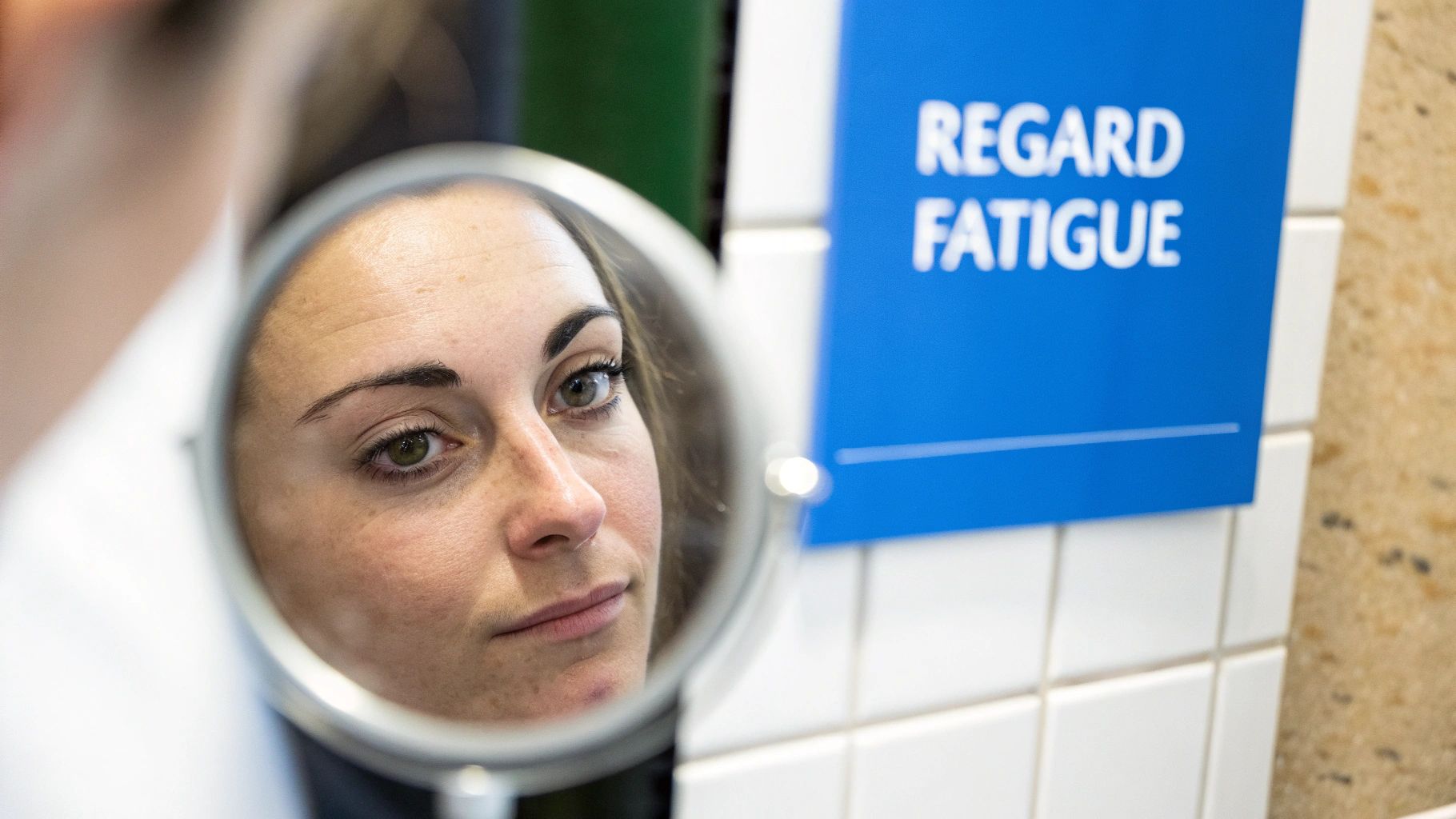 Une femme examine son visage dans un miroir, avec un panneau bleu 'REGARD FATIGUE' en arrière-plan.