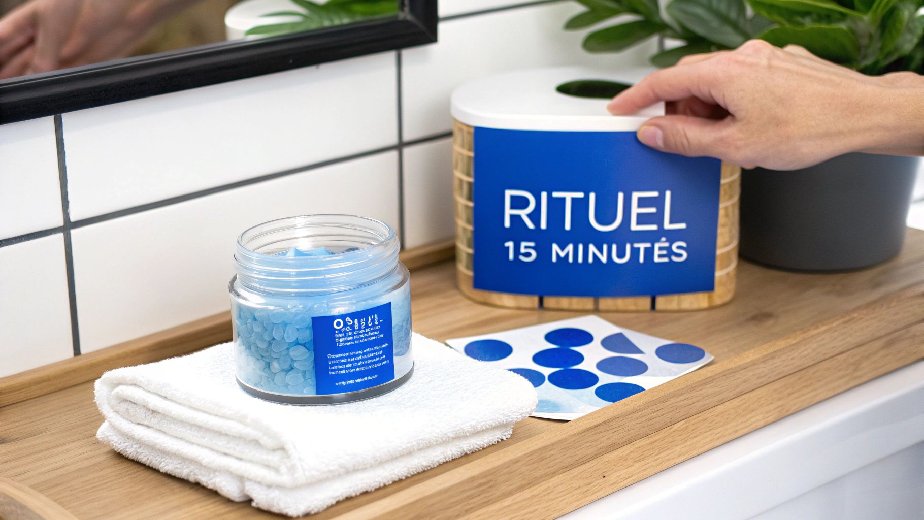 Une main ajuste un récipient en bois avec l'inscription « RITUEL 15 MINUTES » sur un plateau de salle de bain.